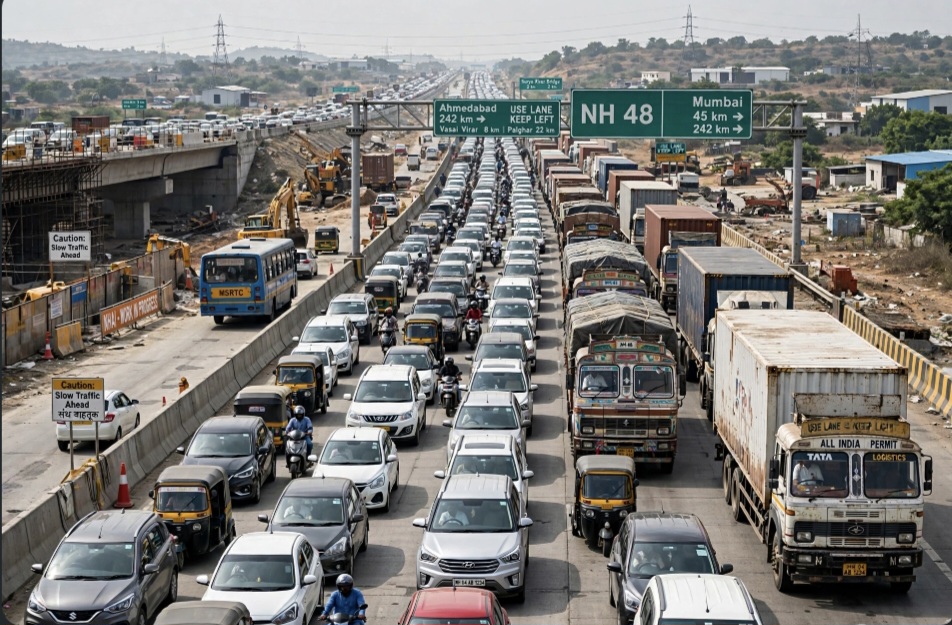 मुंबई – अहमदाबाद राष्ट्रीय महामार्गांवर वाहनाच्या प्रचंड रांगा,